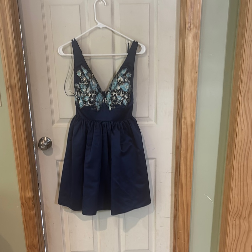 Blue and Silver Sequin Embellished Fit and Flare Dress